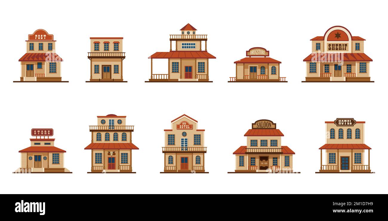 Cartoon western buildings. Wild west traditional country houses, old american town bank saloon motel architecture facade constructions. Vector set Stock Vector