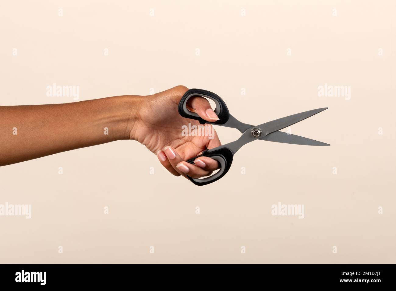Crop anonymous African American female showing metal scissors on beige background in studio Stock Photo