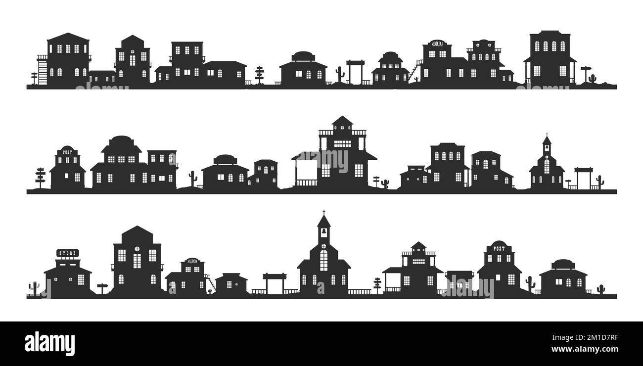 Western silhouette panorama. Wild west traditional buildings landscape, monochrome background with old country street houses. Vector collection Stock Vector