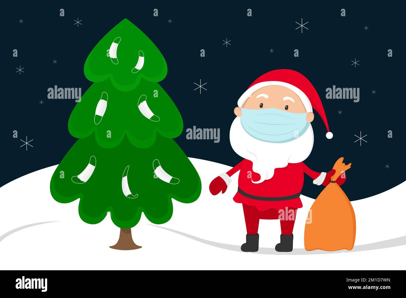 Santa Claus in medical mask stand near Christmas tree. Vector