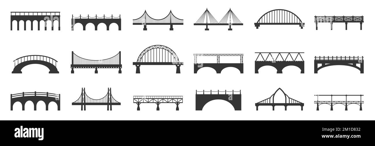 Bridge silhouette. Abstract footbridge constructions with stone metal girders, industrial urban architecture building black icons. Vector isolated set Stock Vector
