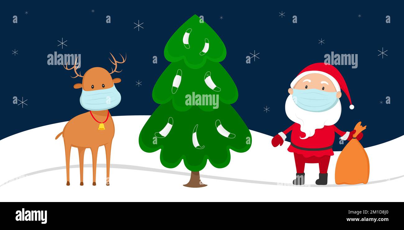 Santa Claus and reindeer in medical masks stand near Christmas tree