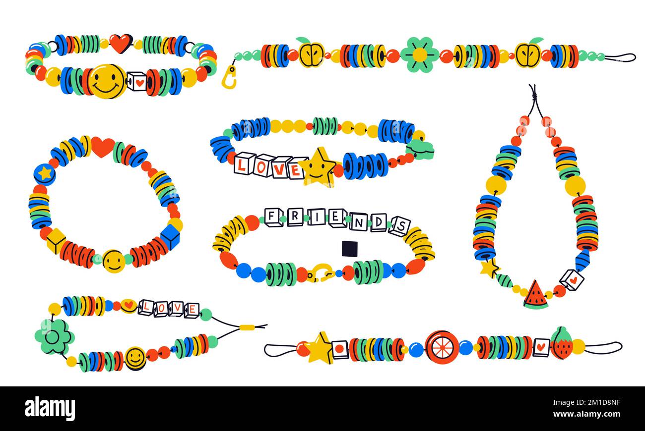 Doodle beads. Cartoon colorful child bracelet elements, old school kid handmade accessories flat design crafting activity concept. Vector isolated set Stock Vector