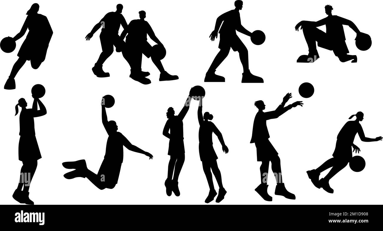 Basketball players silhouettes. Set of athlete characters run dribble jump block pass ball, sport game tournament concept. Vector collection Stock Vector