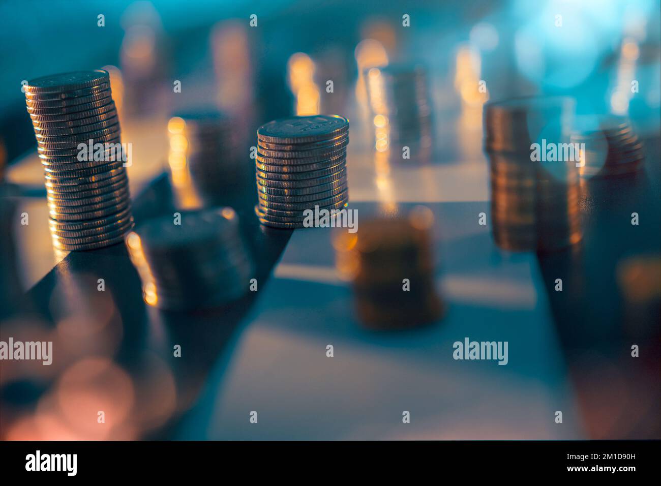 Polish coins on a black and white table. Difficult financial situation. Decreasing savings Stock Photo