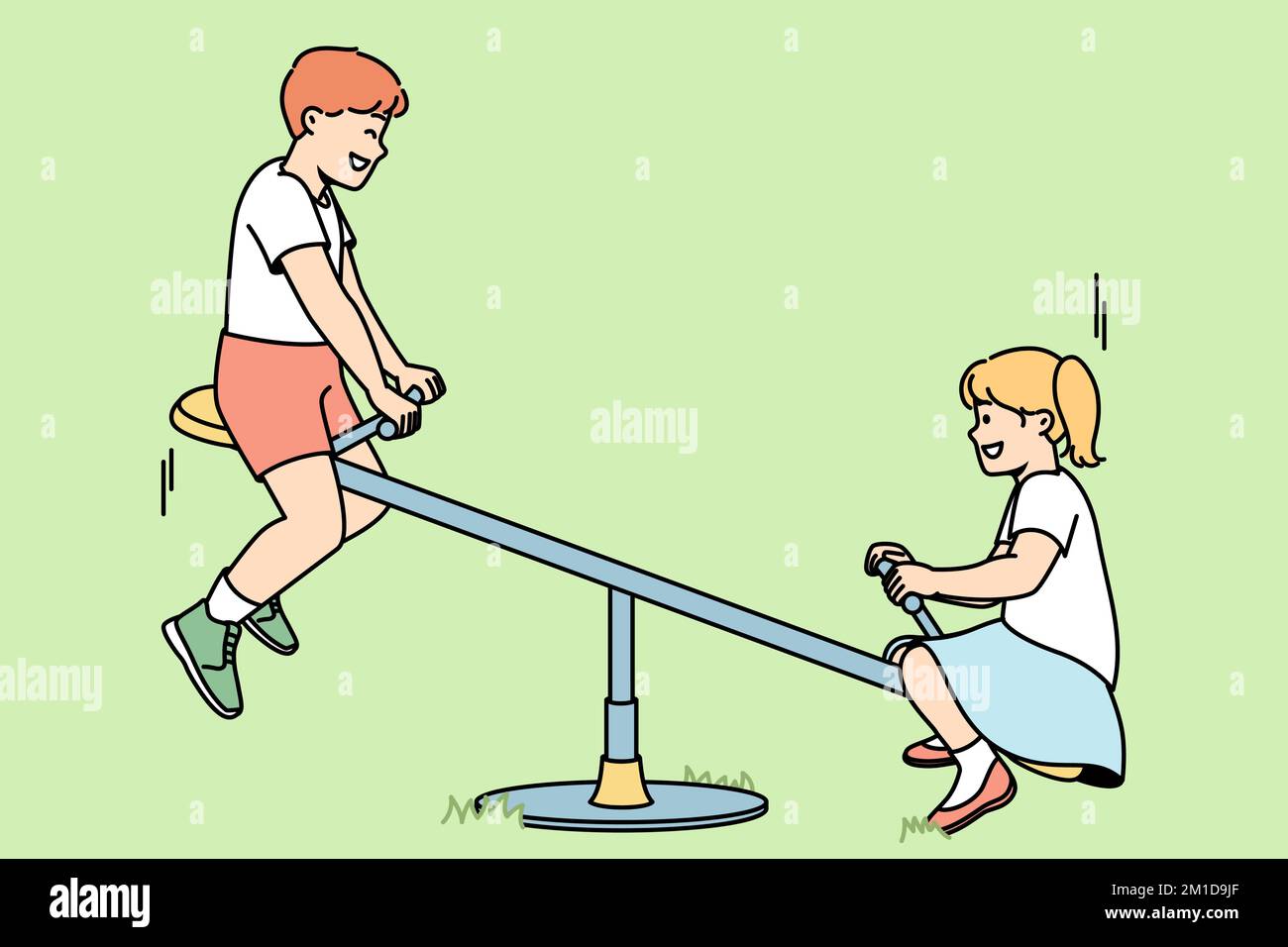 Children ride on teeter-totter at playground in summer. Boy, girl playing at seesaw at street lawn. Kids have fun outdoor. Vector contour line colorful illustration isolated on green background. Stock Vector