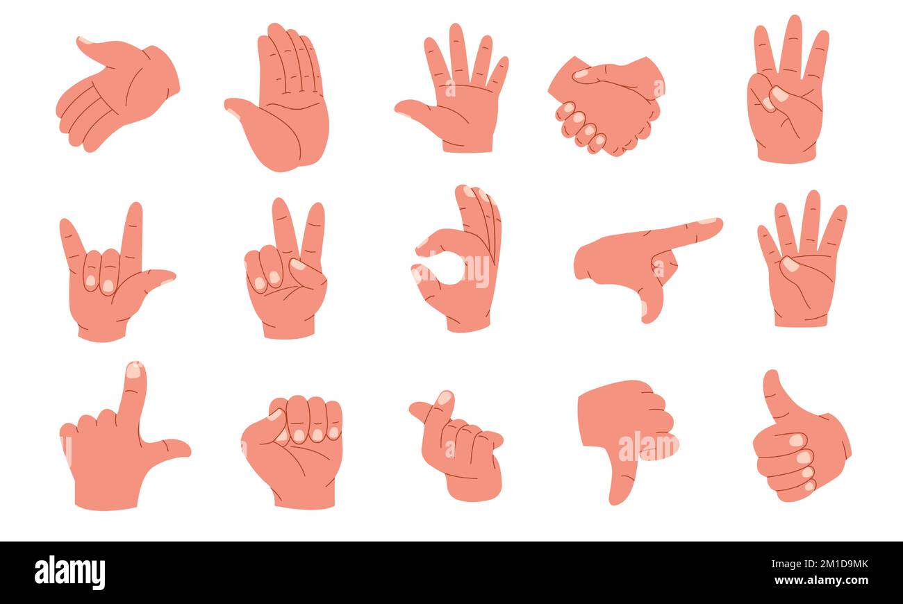 Hand gestures. Human palms and wrist showing emotions and signs, arm poses pointing fingers forefinger thumb up sign language icons. Vector cartoon Stock Vector