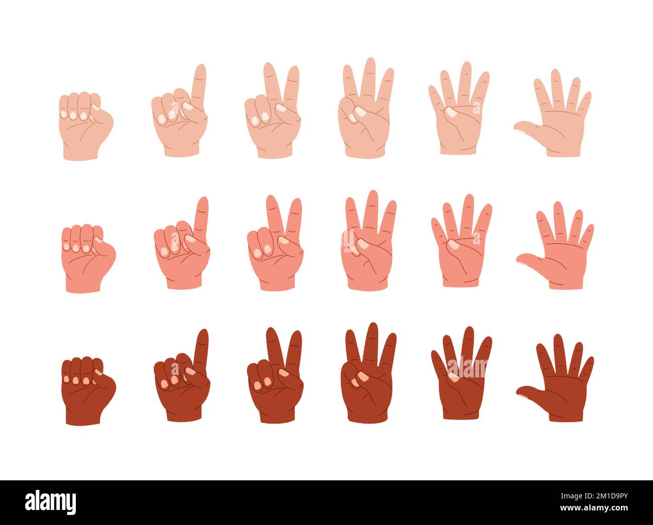 Hands count. Cartoon multiracial human palm gestures showing numbers by fingers, math study sign language concept flat style, Vector isolated set Stock Vector
