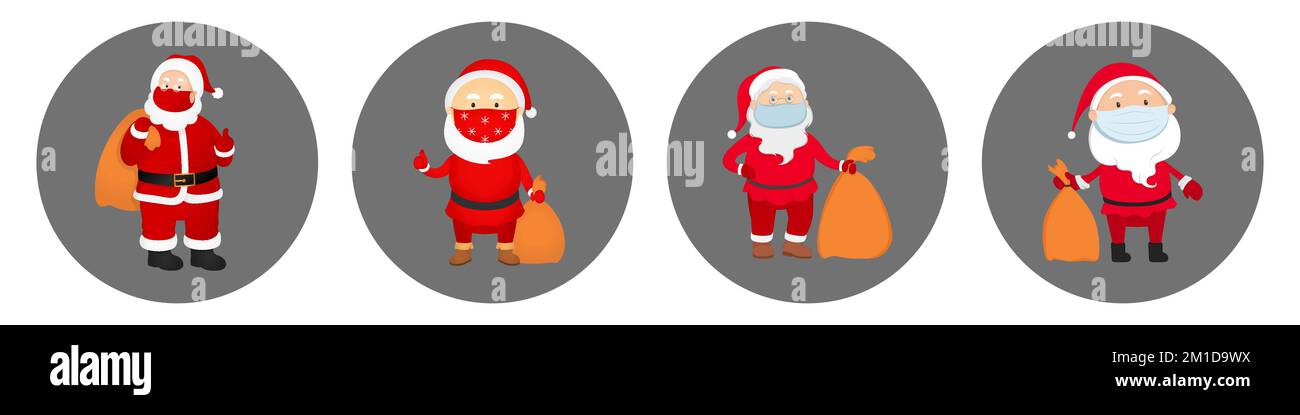 Santa Claus in face mask. Icons set. Vector illustration. Stock Vector