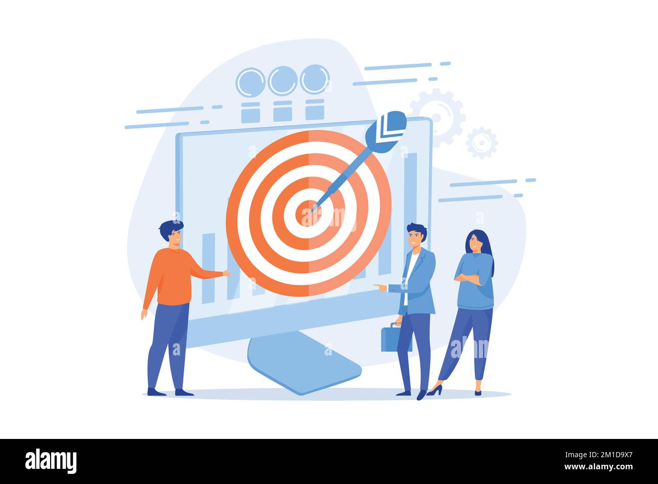 Big target, manager and employees engaged in company goals. Internal