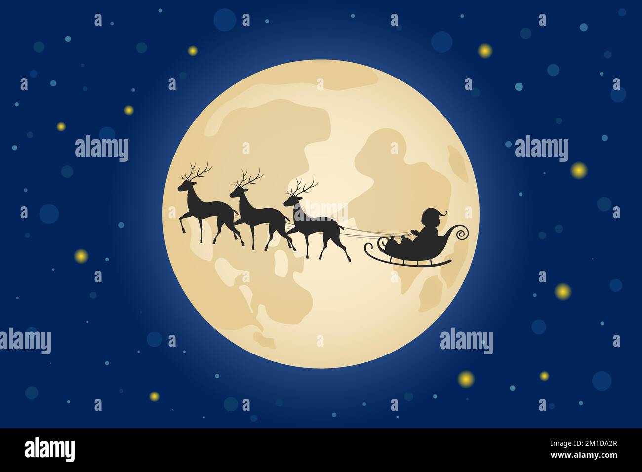 Silhouette of Santa Claus and his reindeer sleigh on full moon. Cartoon ...