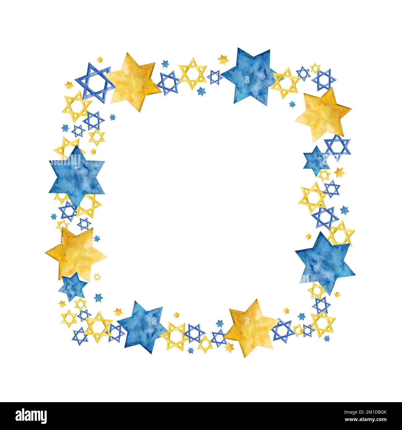 Jewish square border frame with David stars in blue and yellow gold colors on white background. Watercolor Hanukkah holiday illustration Stock Photo