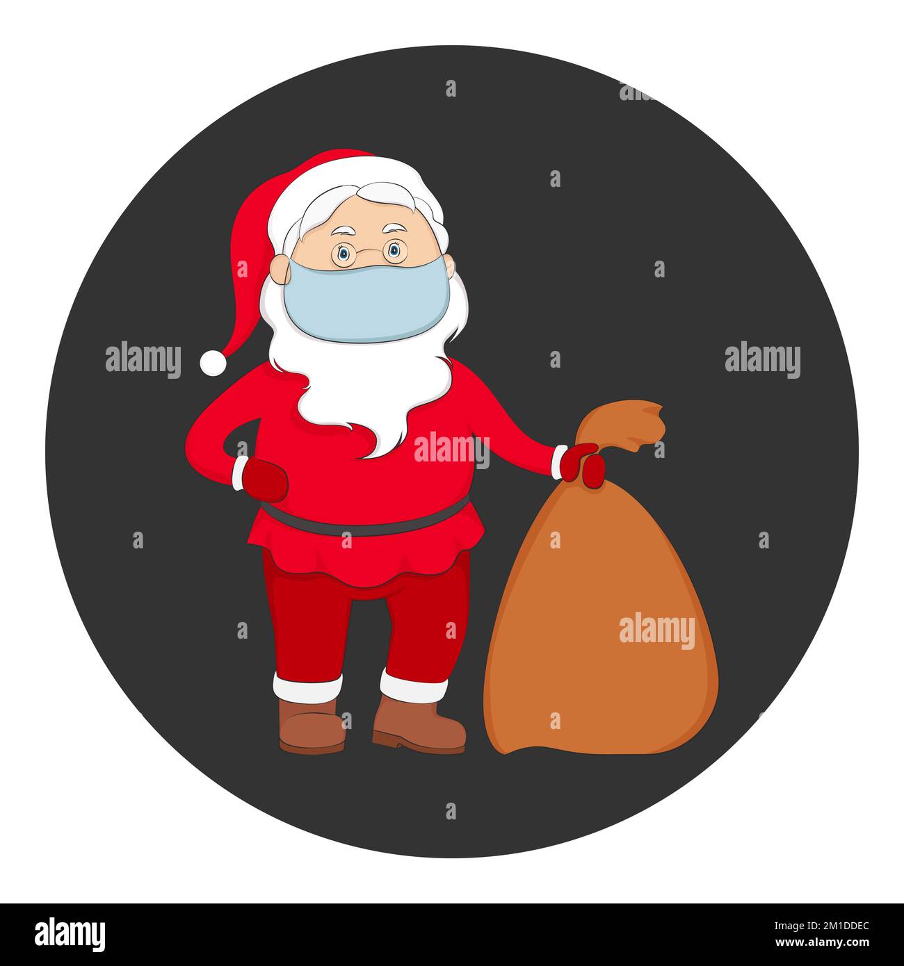 Santa Claus in medical mask hold bag with gifts. Christmas 2020 conceptual symbol. Vector illustration. Stock Vector