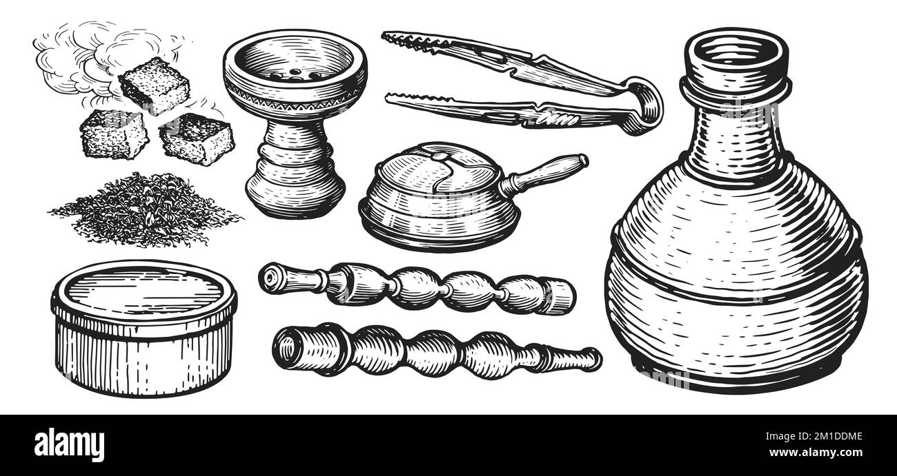 Hookah accessories sketch. Shisha, nargile, kaloud, tongs, charcoal, smoking tobacco. Hand drawn vintage illustration Stock Photo