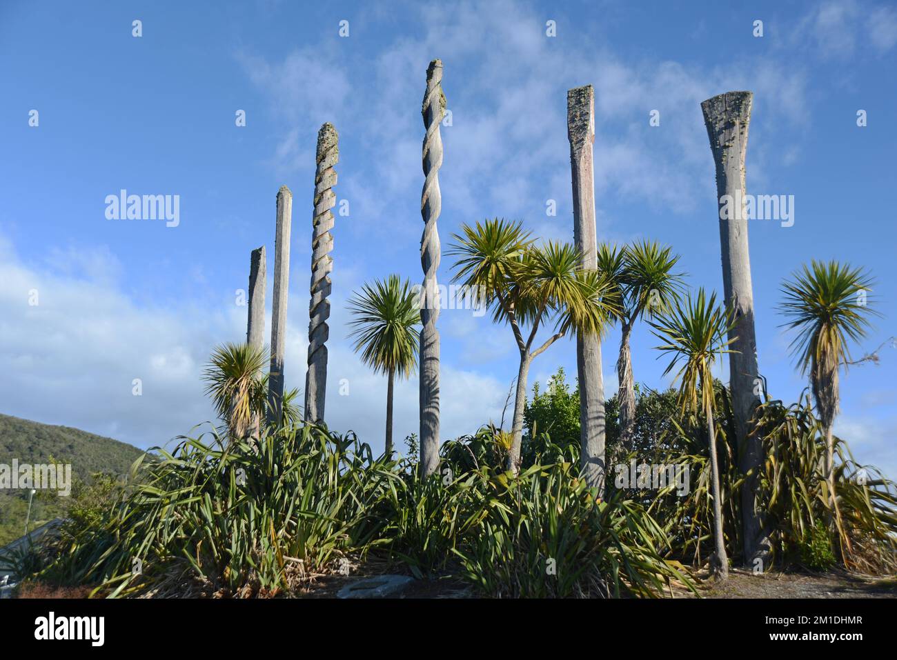 Wooden sculptures representing tools of the miners' trade dominate the skyline in Greymouth, New Zealand, 2022 Stock Photo