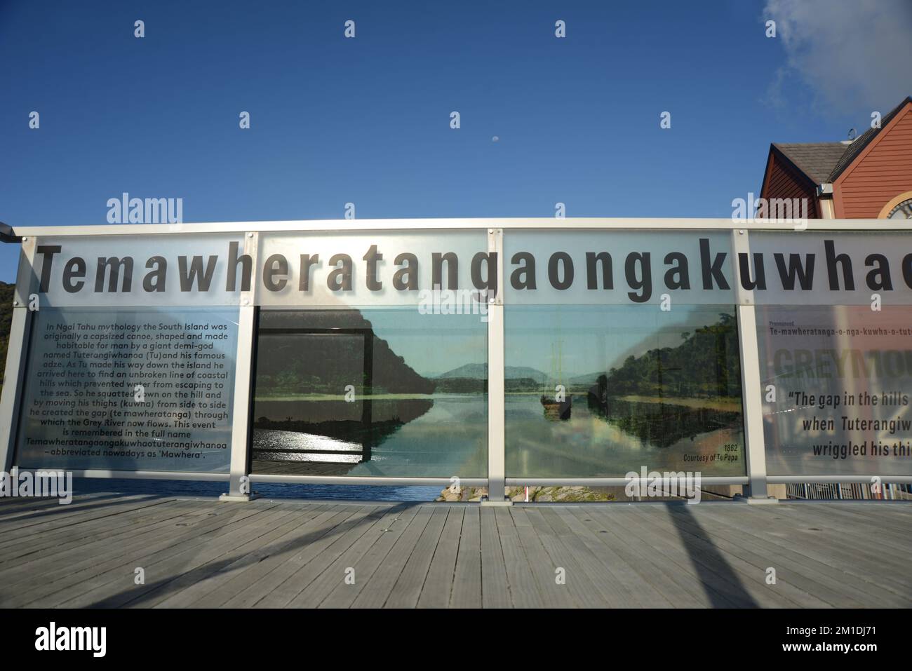 An information panel describes local tribal legends about the origin of Greymouth, West Coast, New Zealand, 2022 Stock Photo