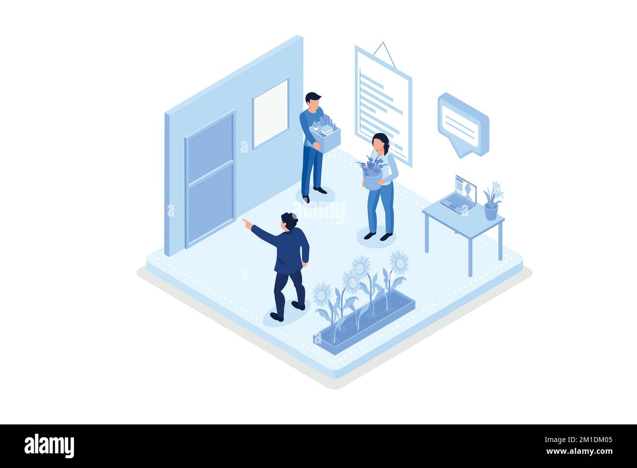 People character getting fired. Dismissed man carrying cartoon box with things and standing near the office door. Crisis and job firing concept, isome Stock Vector