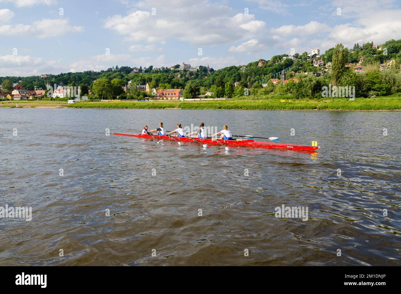 Four girls are rowing a sports rowing boat on the river Elbe Stock ...