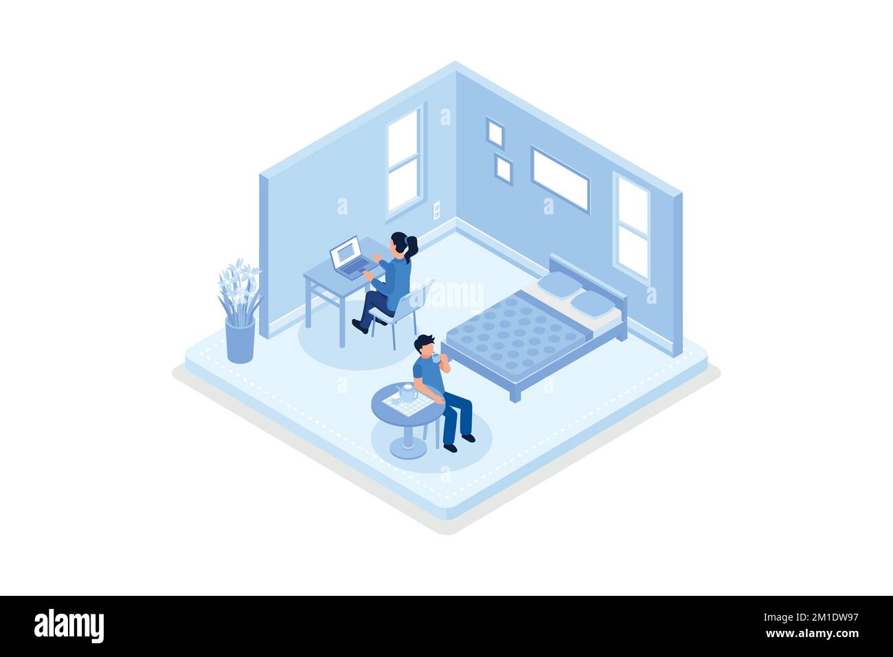 Woman Working at Home Office. Character Sitting at Desk in Room, Looking at Computer Screen and Talking with Colleagues Online. Home Office Concept, i Stock Vector