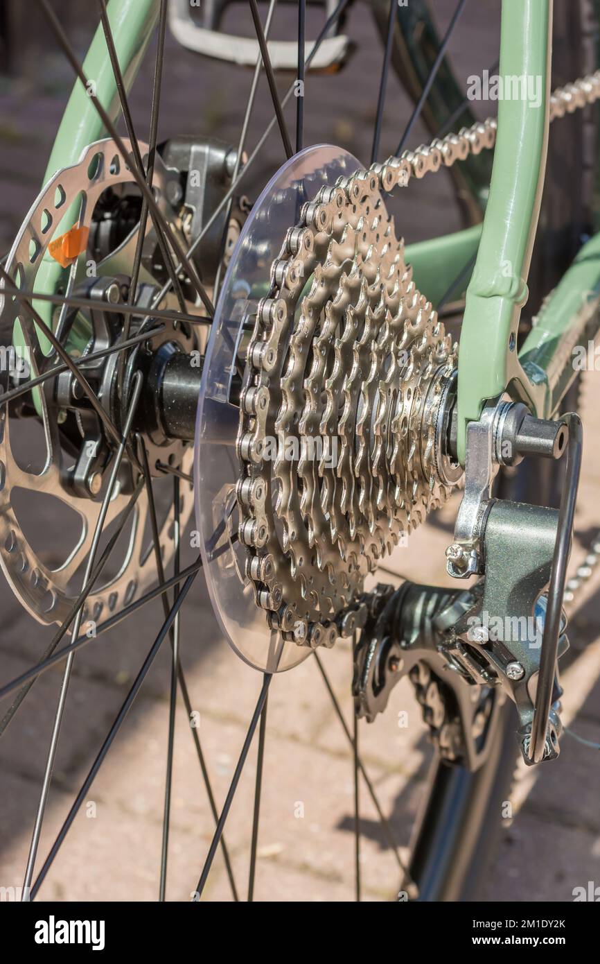 Derailleur of a modern racing bike in detail with new sprocket set Stock Photo