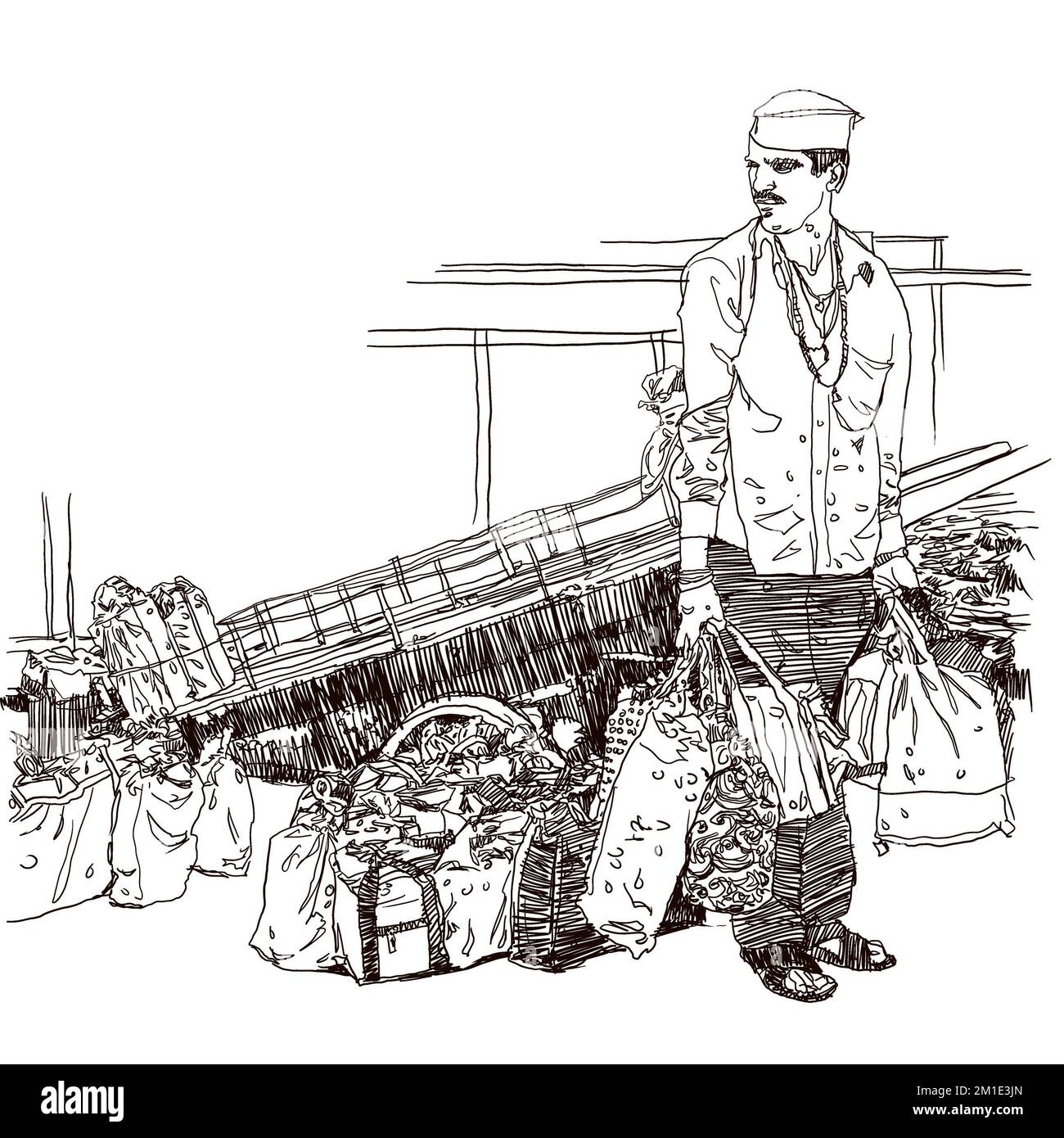 Dabbawalla delivering lunch boxes for delivery outside Churchgate railway station. India, Maharashtra, Mumbai. Indian Dabbawalla is delivering tiffin. Stock Photo