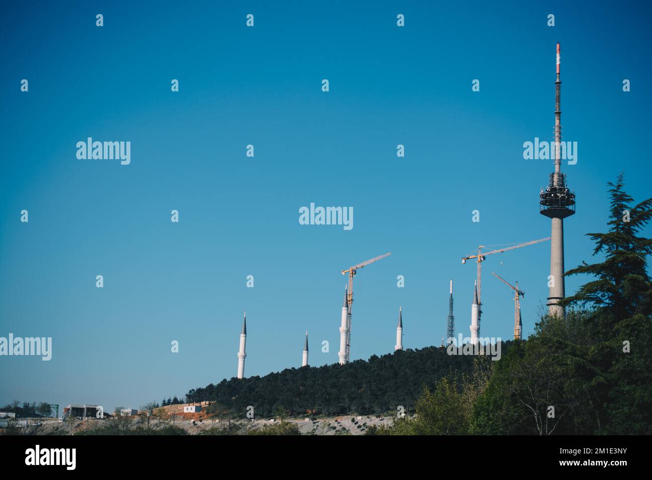 TV towers in Camlica, Istanbul, in a blue sky Stock Photo