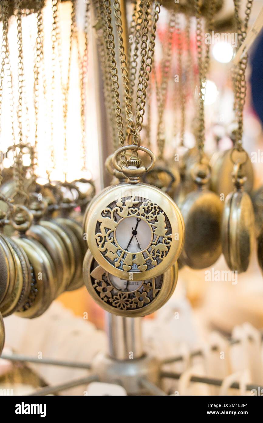 Set of retro styled pocket watches hanging Stock Photo Alamy