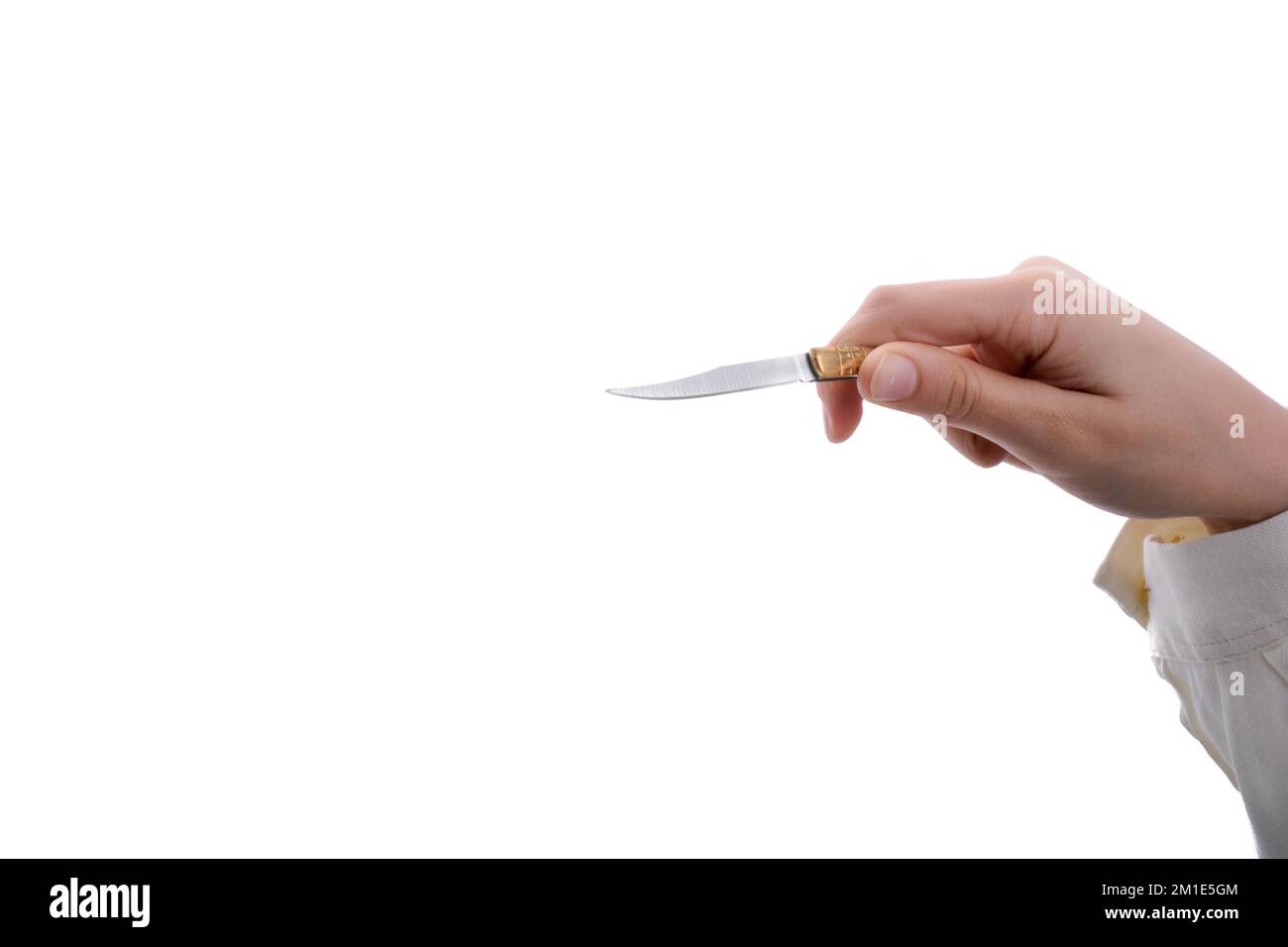 Hand holding a knife in hand on a white background Stock Photo Alamy