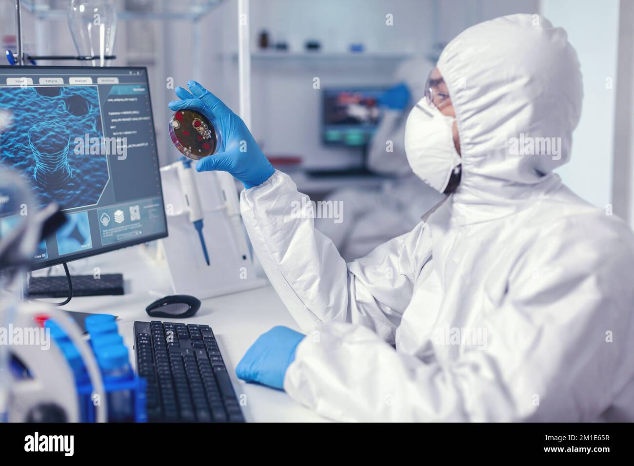 Medical scientist holding petri dish studying virus sample dressed in
