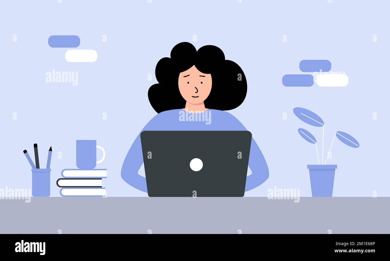 A young woman is sitting at a table and using a laptop. Home office concept Stock Vector