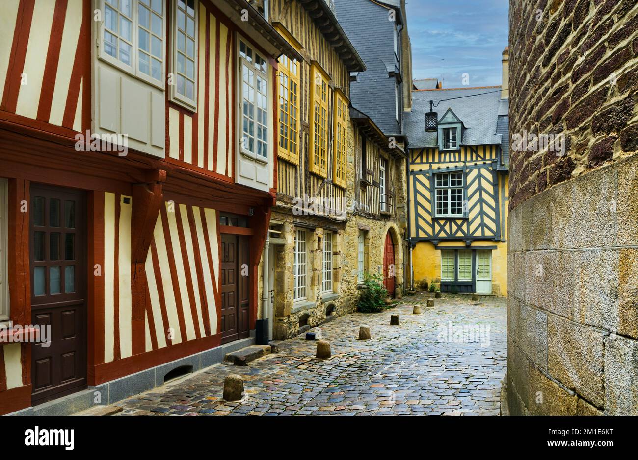 Medieval street with typical half-timbered houses in the French city of Rennes. Stock Photo