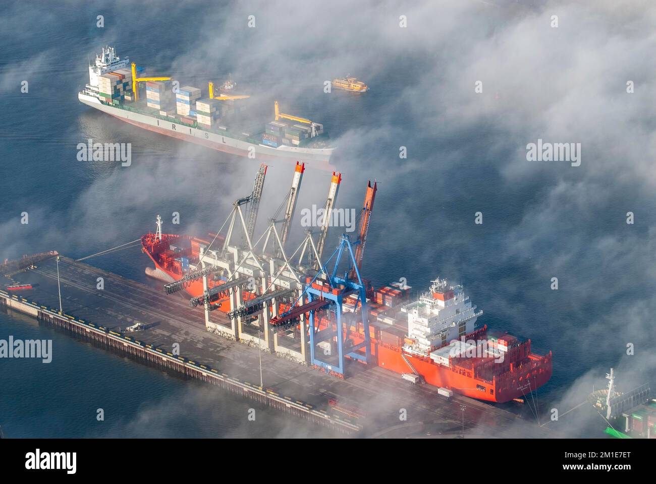 Aerial view of a container ship of the shipping company Hamburg Süd the