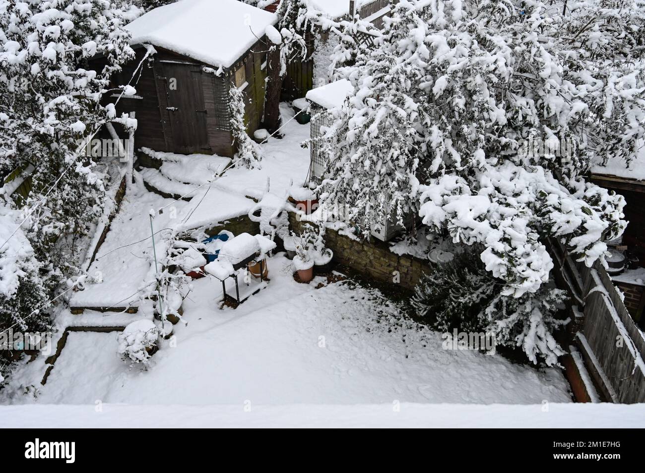 An aerial view of a snow covered suburban garden in East London, UK, December 2022 Stock Photo