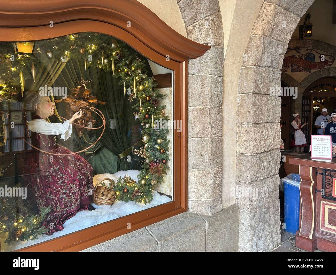 Holiday window displays at Epcot's Germany pavilion include cuckoo