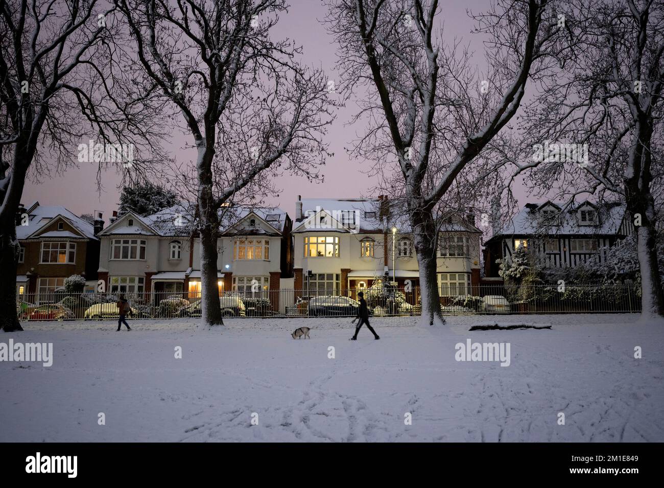 Residential properties after low temperatures and overnight snowfall on south London homes on Ruskin Park in SE24, on 12th December 2022, in London, England. Stock Photo