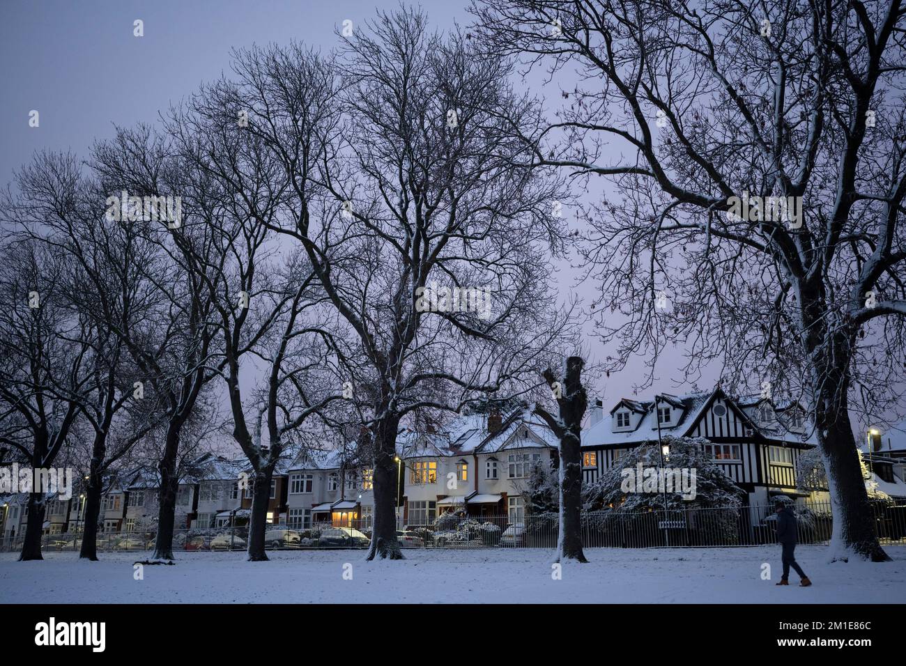 Residential properties after low temperatures and overnight snowfall on south London homes on Ruskin Park in SE24, on 12th December 2022, in London, England. Stock Photo