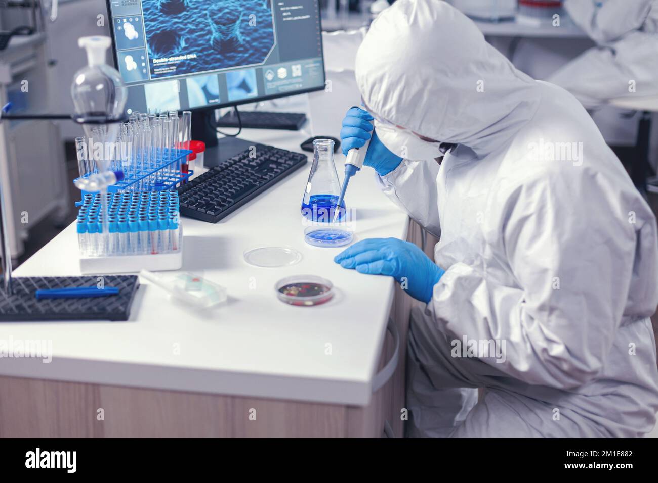 Focused lab technician pipetting solution into petri dish working on his workplace in modern lab. Chemist in modern laboratory doing research using dispenser during global epidemic with covid-19. Stock Photo