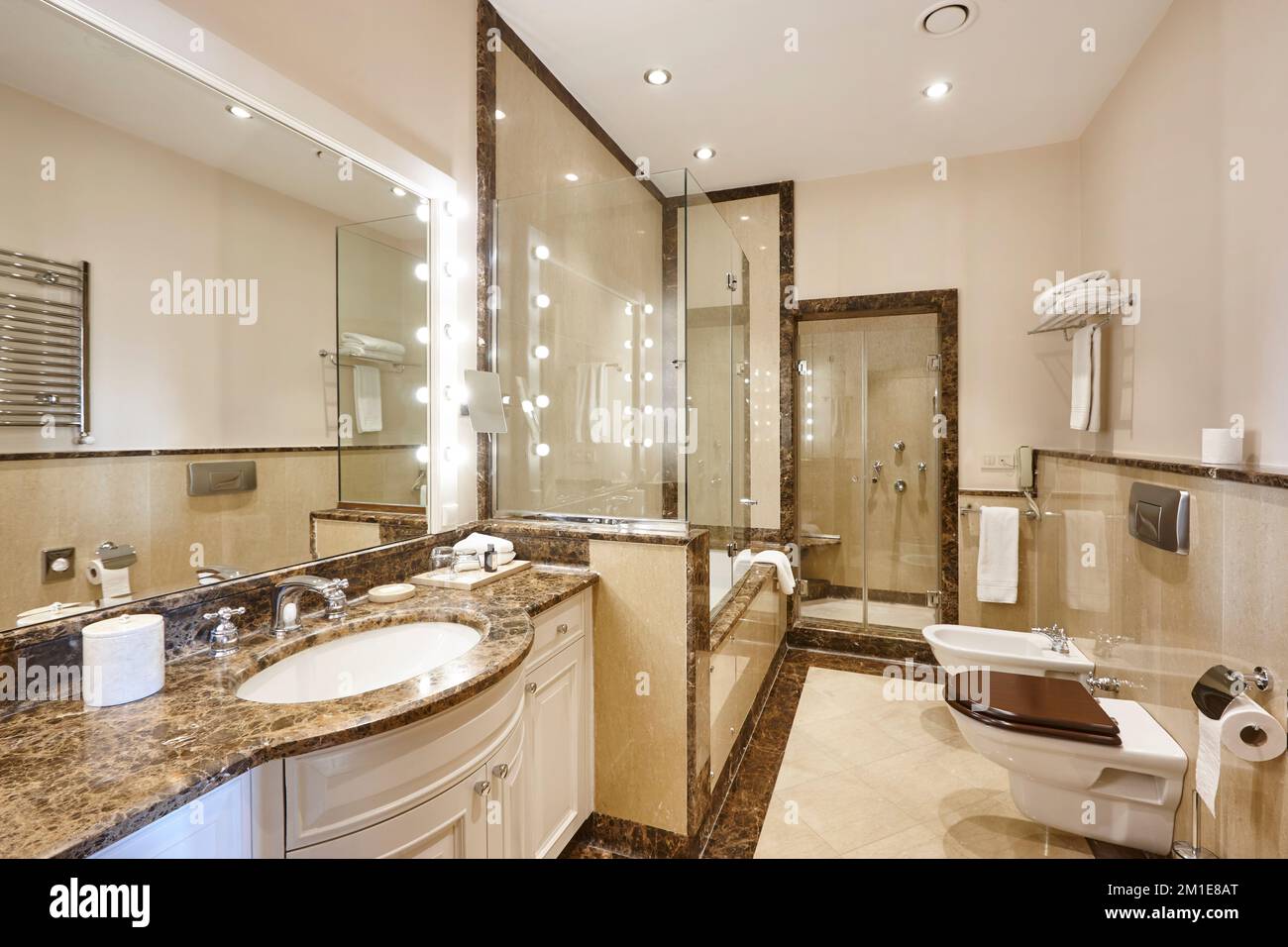 Luxury bathroom finished in marble. Classic and elegant decoration. Nodody Stock Photo