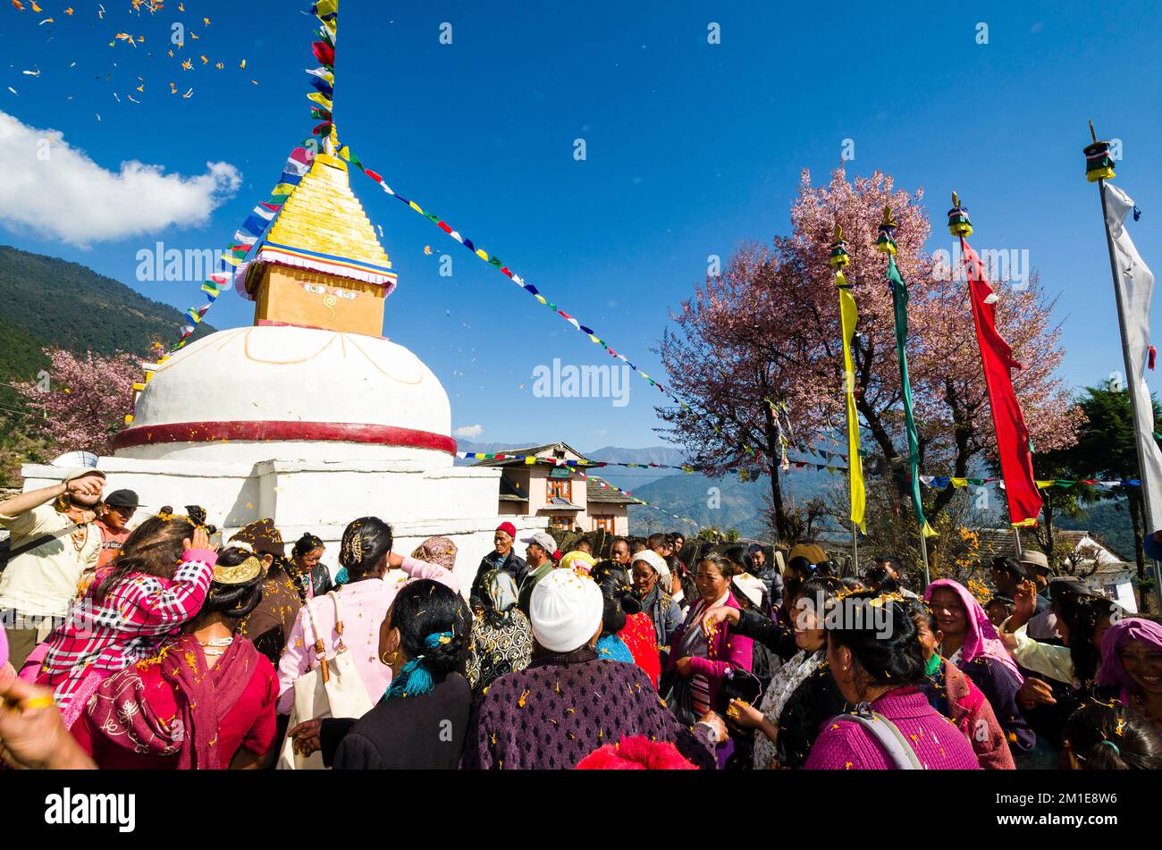 Many people throwing flowers in front of a white stupa, celebrating ...