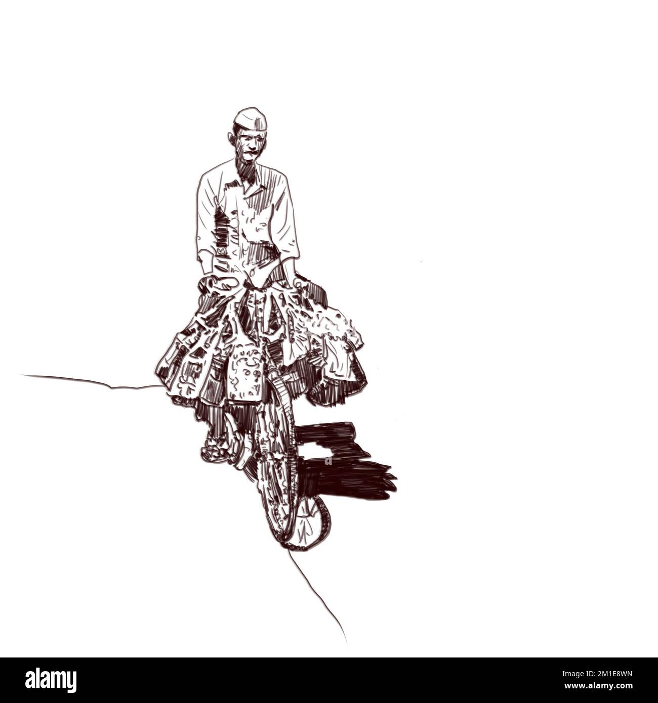 Dabbawala service in Mumbai. Dabbawala with cycle illustration, The famous Dabbawala lunchbox service in Churchgate Railway Station; Mumbai, India art Stock Photo