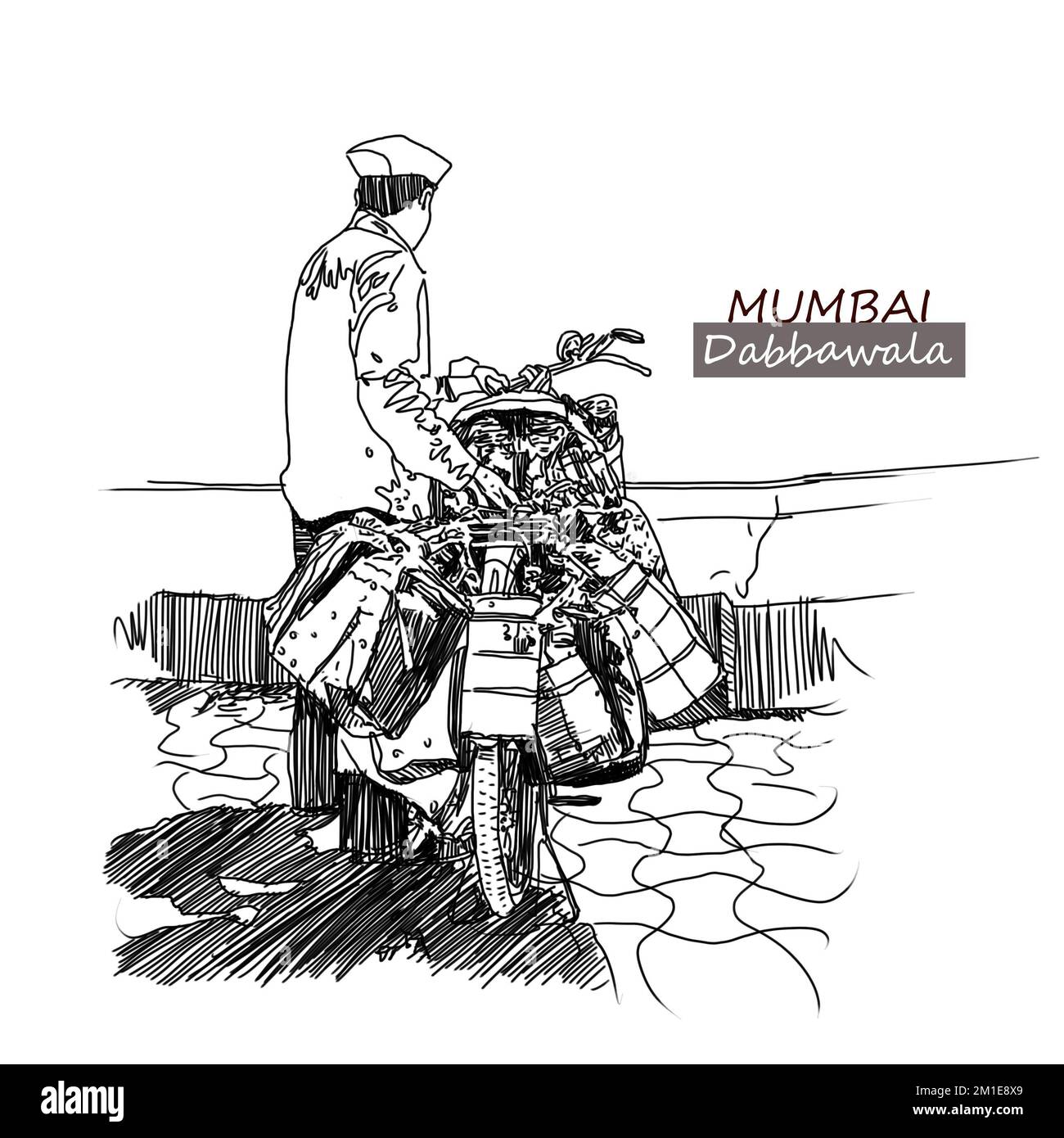 Dabbawala service in Mumbai. Dabbawala with cycle illustration, The famous Dabbawala lunchbox service in Churchgate Railway Station; Mumbai, India art Stock Photo