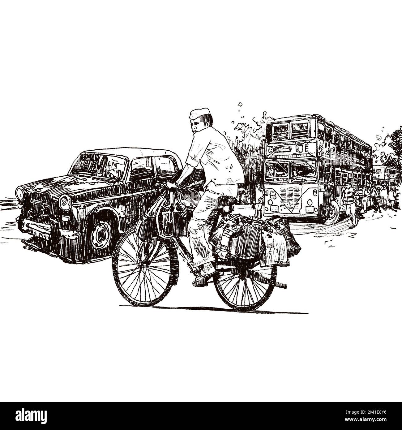 Dabbawala service in Mumbai. Dabbawala with cycle illustration, The famous Dabbawala lunchbox service in Churchgate Railway Station; Mumbai, India art Stock Photo