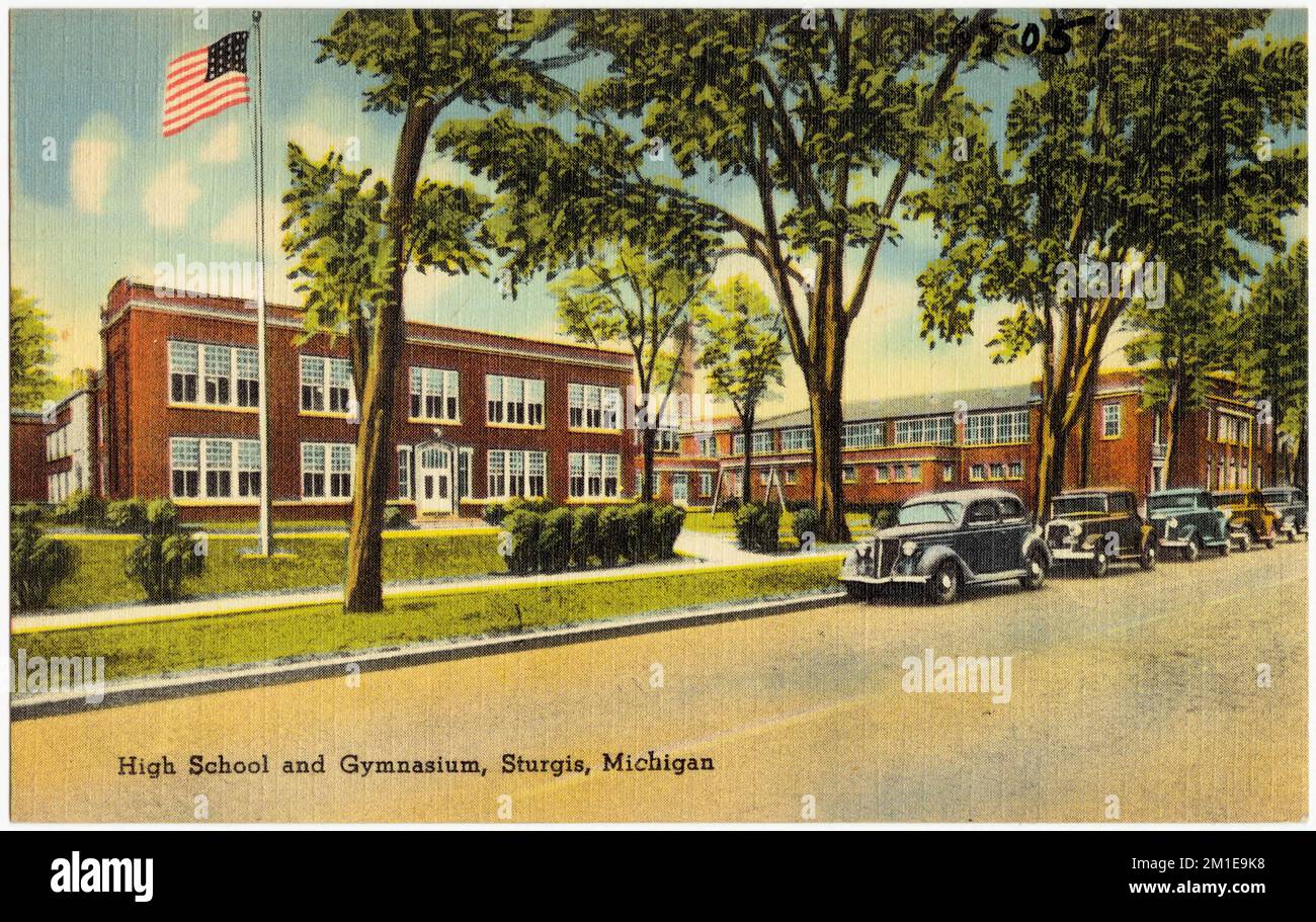 High school and gymnasium, Sturgis, Michigan , Schools, Tichnor Brothers Collection, postcards