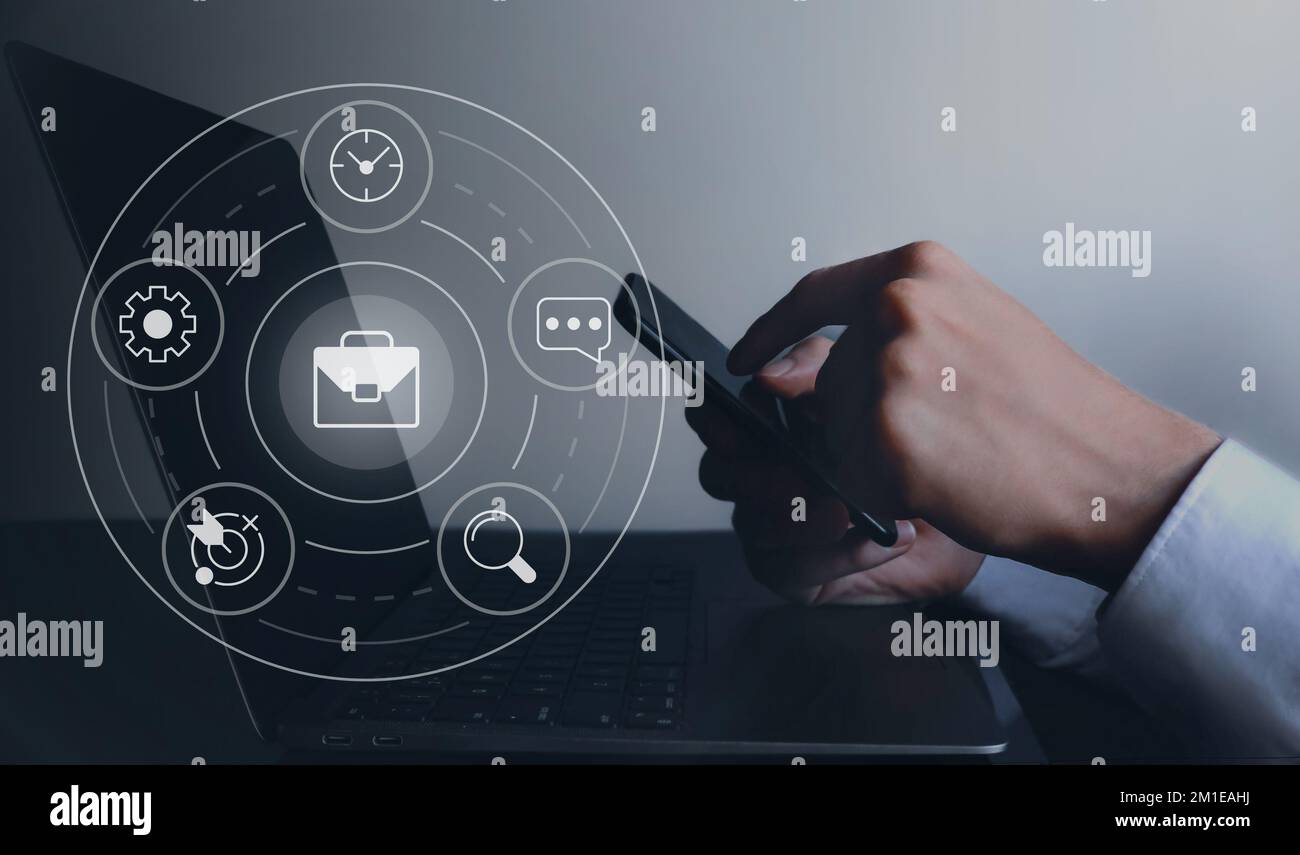 Businessman daily routine closeup concept image with white glyph icons ...