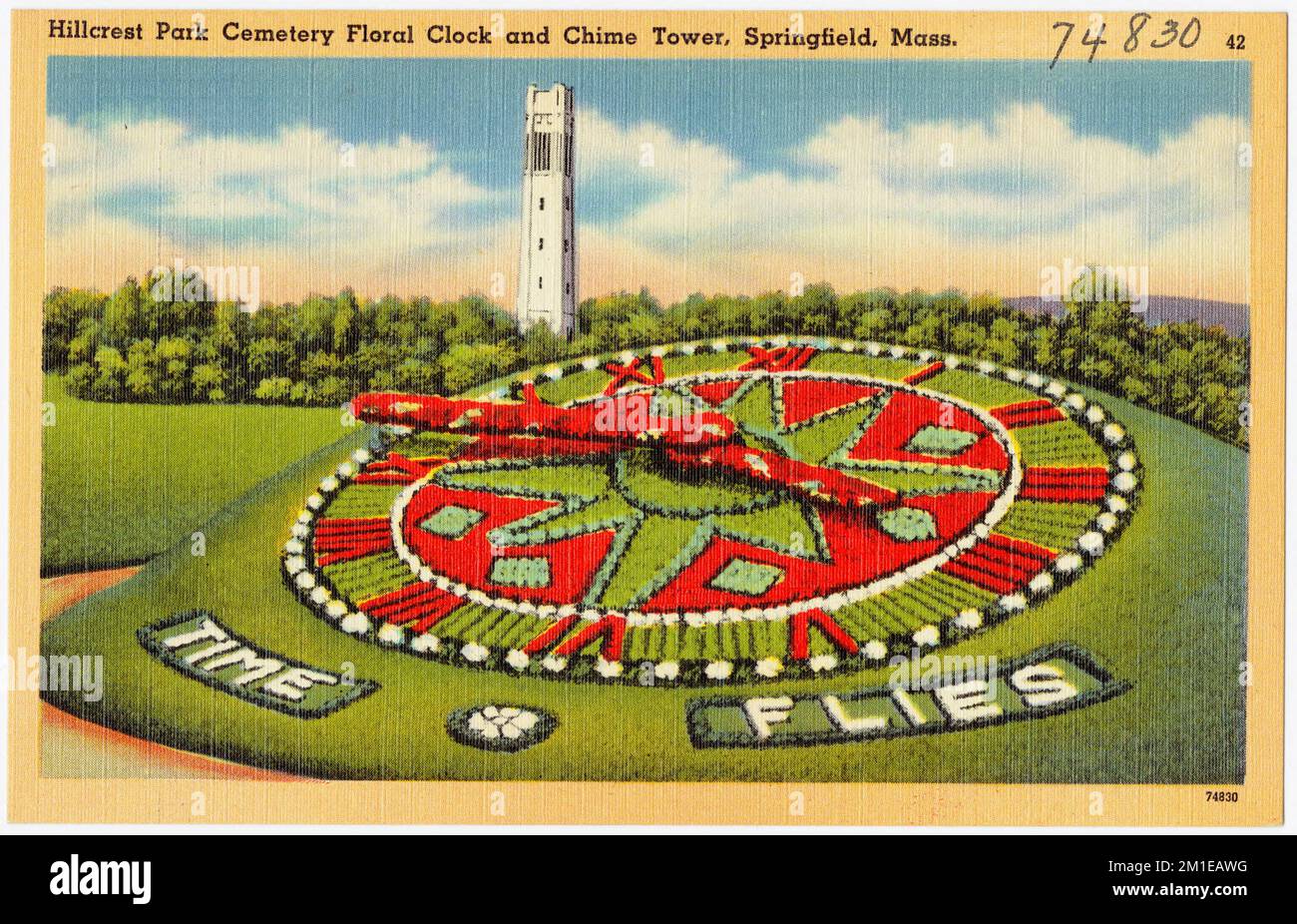Hillcrest Park Cemetery Floral Clock and Chime Tower, Springfield, Mass. , Towers, Parks, Tichnor Brothers Collection, postcards of the United States Stock Photo