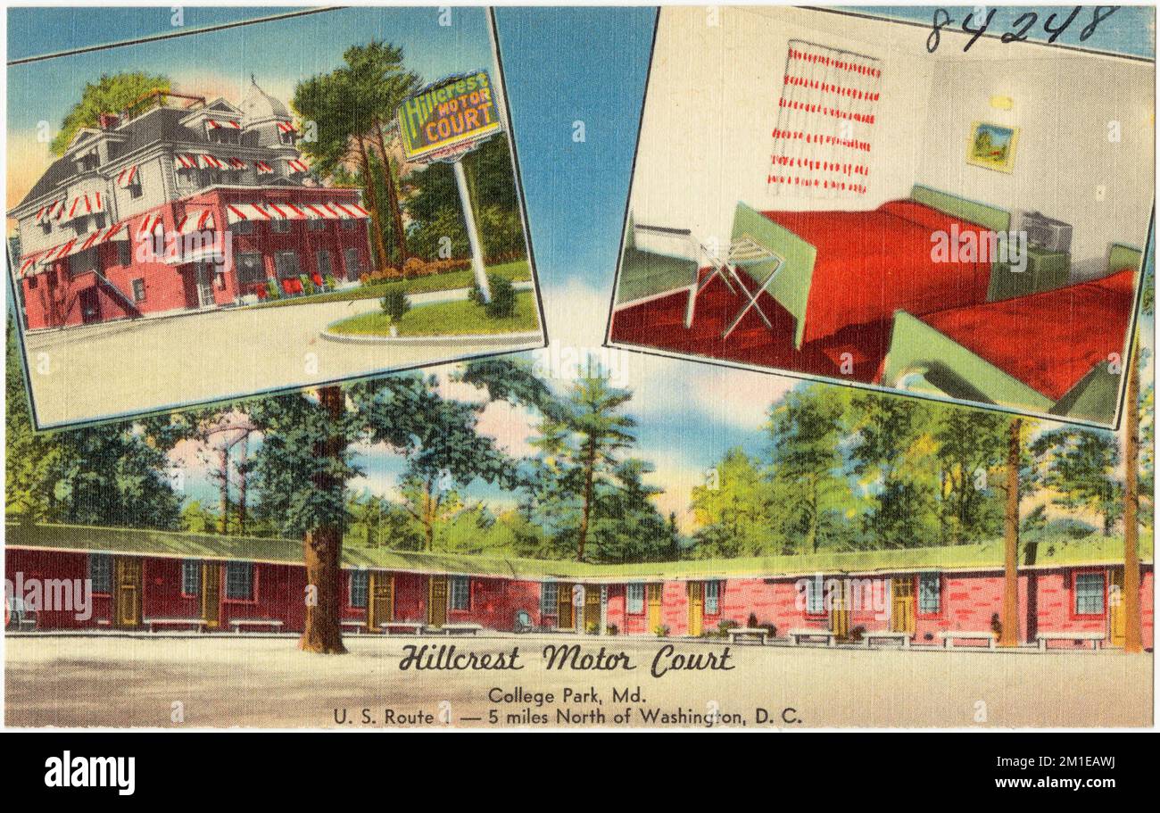 Hillcrest Motor Court, College Park, Md., U.S. Route 1 -- 5 miles north of Washington, D. C. , Motels, Tichnor Brothers Collection, postcards of the United States Stock Photo