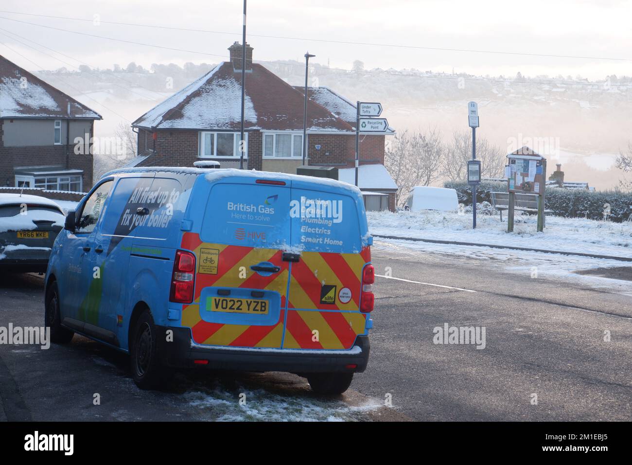 British Gas van in snow covered Stannington December 2022 after a burst Yorkshire Water pipe flooded a gas main cutting off gas to 2000 homes Stock Photo