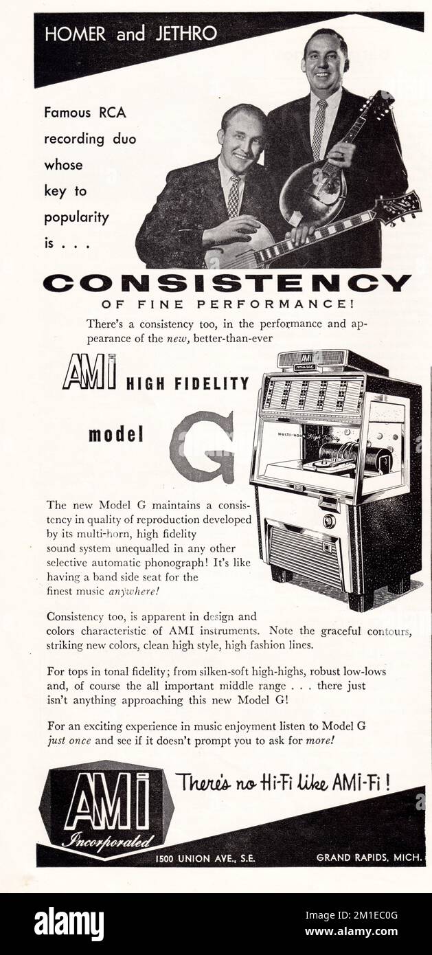 An ad from a 1955 American music magazine featuring an endorsement by popular country music duo, Homer and Jethro. It's for the AMI High Fidelity model G juke box. Stock Photo