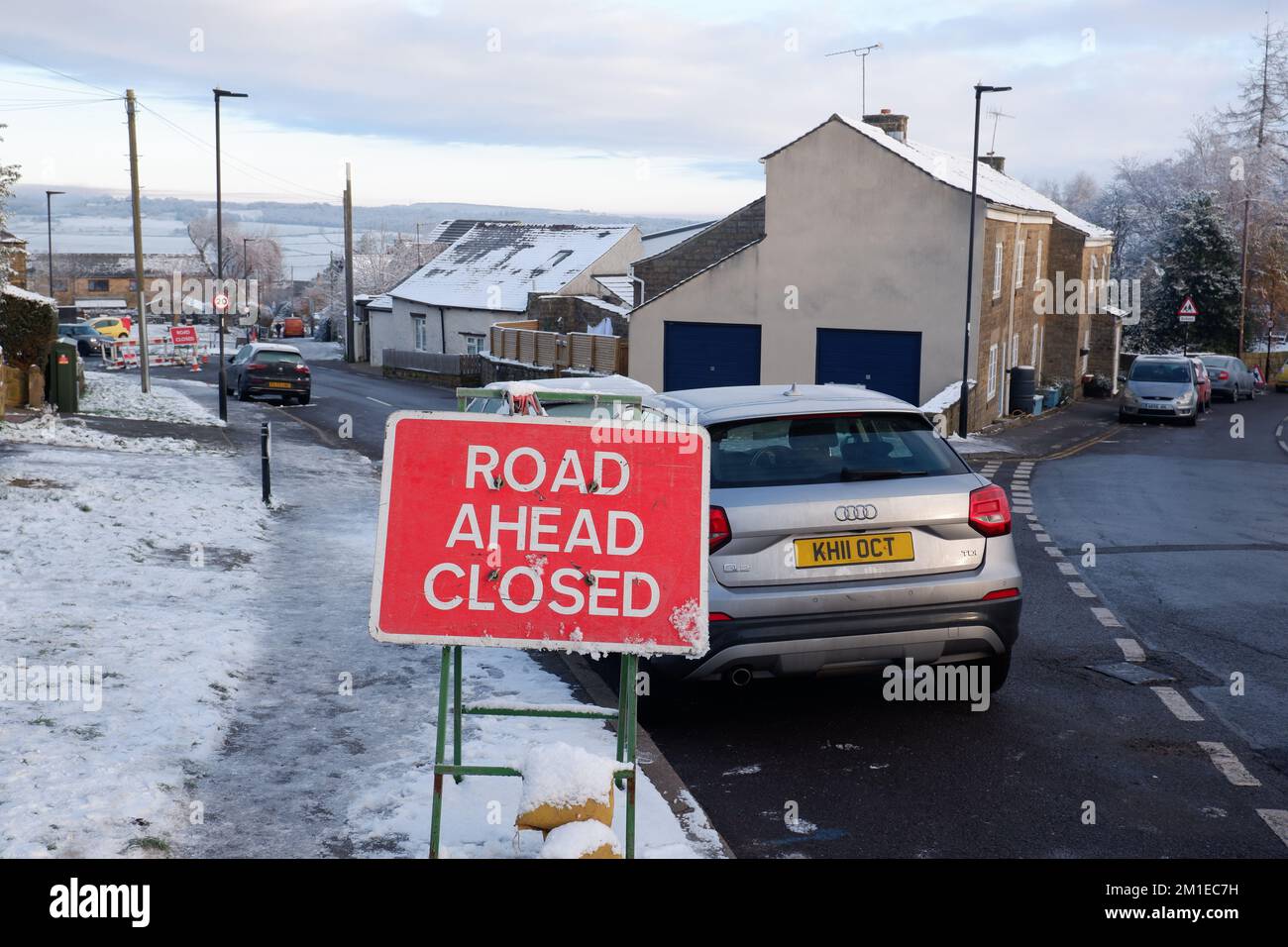 Road closed sign in Stannington December 2022 after a burst Yorkshire Water pipe flooded a gas main cutting off gas to 2000 homes in icy weather Stock Photo