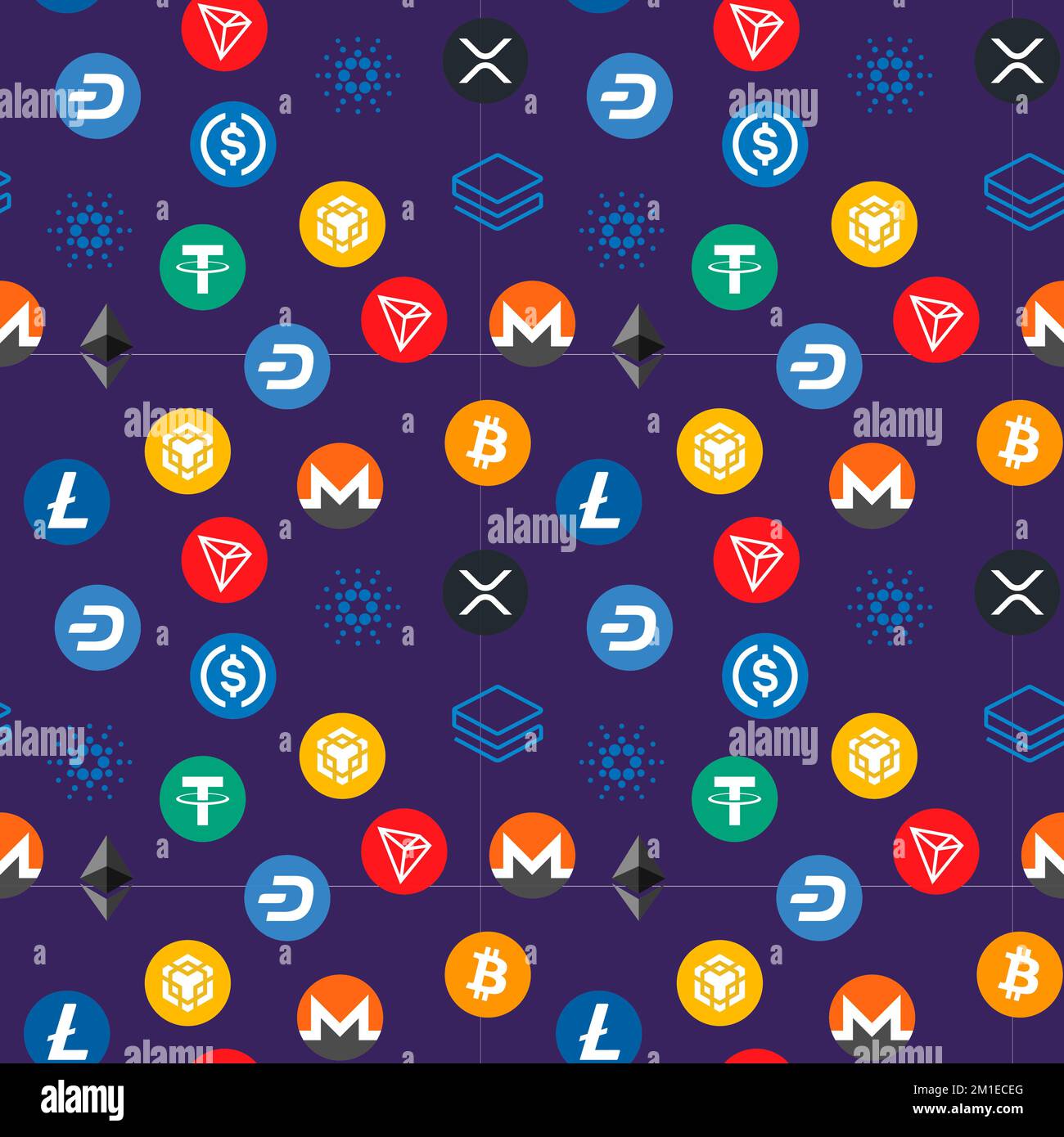 Purple background with colorful Cryptocurrency coins in flat style ...